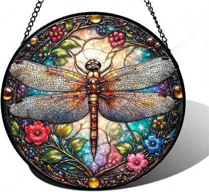 Dragonfly Stained Glass Window Hanging - Colorful Stained Glass Window Panel Decor - Sun Catchers Indoor Window Art for Home Garden, Gifts for Women Mom (6 Inch)