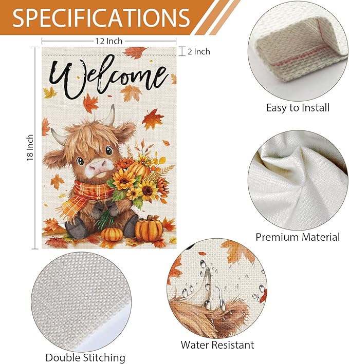 Heyfibro Welcome Fall Highland Cow Garden Flag 12x18 Double Sided Burlap, Autumn Pumpkin Sunflower Yard Flags for Thanksgiving Rustic Seasonal Outside Outdoor Decoration (ONLY FLAG)