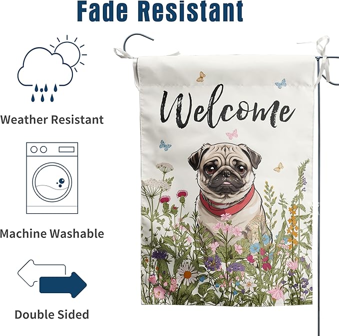 Spring Summer Flower Garden Flag Pug Outdoor Flag Floral Dog Garden Flags for Outside Small Yard Welcome Flags 12x18 Double Sided