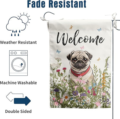 Spring Summer Flower Garden Flag Pug Outdoor Flag Floral Dog Garden Flags for Outside Small Yard Welcome Flags 12x18 Double Sided