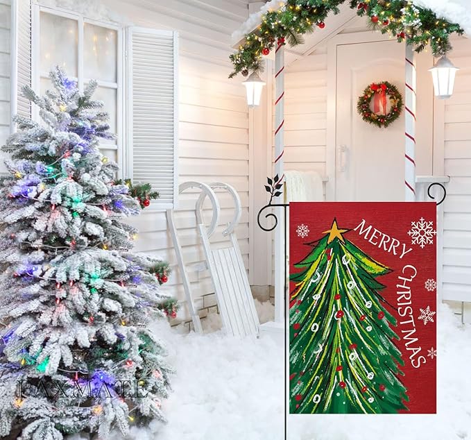Merry Christmas Garden Flag 12x18 Inch Double Sided, Christmas Tree Xmas Winter Yard Outdoor Flag for Holiday Seasonal Decoration