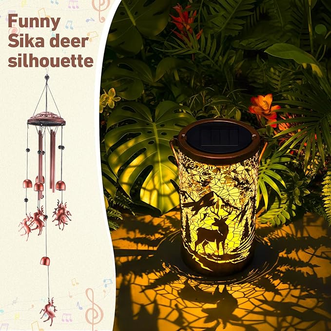 Retisee Deer Solar Wind Chimes Outdoor Metal Deer Gifts Solar Light Windchimes Outside Indoors Christmas Decoration Birthday Gift for Home Lawn Porch Patio Garden Yard