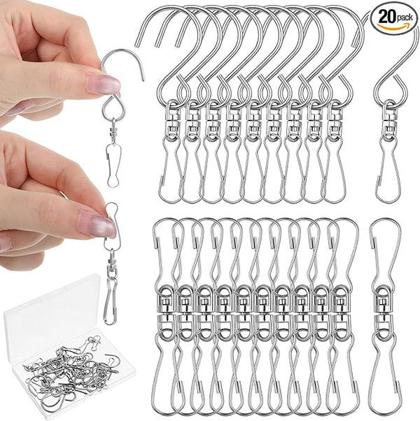 Wind Spinner Swivel Hooks, 20 Pieces Stainless Steel Swivel Hooks for Wind Spinners 360 Degree Rotating Windsock Clips Hanger Swivels Clips for Winds Chimes Bird Feeder Crystal Twisters Party Supply