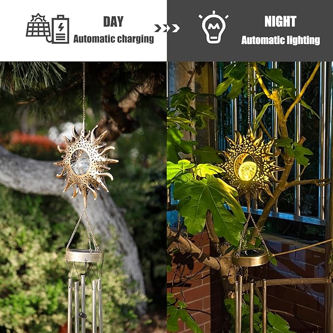 Sun Solar Wind Chimes for Outside Lights Prefert Gifts for Mom Wife Unique Crackle Glass LED Warm Light Outdoor Hanging Decor Windchimes for Garden Yard Patio Christmas Birthday Mothers Day