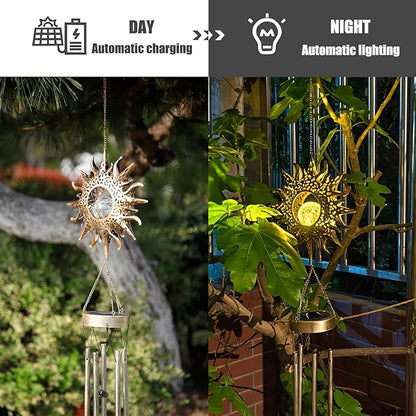 Sun Solar Wind Chimes for Outside Lights Prefert Gifts for Mom Wife Unique Crackle Glass LED Warm Light Outdoor Hanging Decor Windchimes for Garden Yard Patio Christmas Birthday Mothers Day