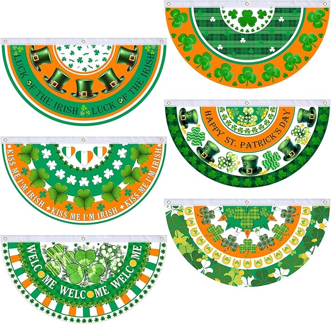6 Pcs St. Patrick Day Bunting Fan Flag Irish Shamrock Clover Bunting Flag Happy St. Patrick Day Garden Half Fan Banner Decoration Holiday Indoor Outdoor Yard Decor, 1.5 x 3 ft