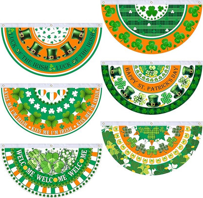 6 Pcs St. Patrick Day Bunting Fan Flag Irish Shamrock Clover Bunting Flag Happy St. Patrick Day Garden Half Fan Banner Decoration Holiday Indoor Outdoor Yard Decor, 1.5 x 3 ft