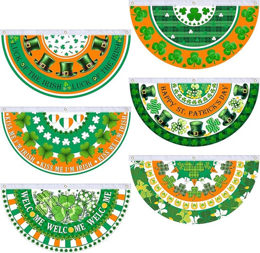 6 Pcs St. Patrick Day Bunting Fan Flag Irish Shamrock Clover Bunting Flag Happy St. Patrick Day Garden Half Fan Banner Decoration Holiday Indoor Outdoor Yard Decor, 1.5 x 3 ft