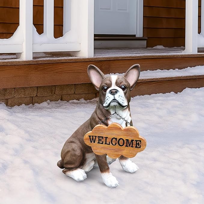 Outdoor Boston Terrier Dog Statue with Interchangeable Welcome sign and Detachable Solar Lantern –LED Light Garden Dog Sculpture Décor Garden Statue Outdoor dog statue Cute Puppy Design for Yard Gift