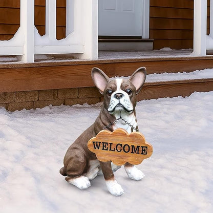 Outdoor Boston Terrier Dog Statue with Interchangeable Welcome sign and Detachable Solar Lantern –LED Light Garden Dog Sculpture Décor Garden Statue Outdoor dog statue Cute Puppy Design for Yard Gift