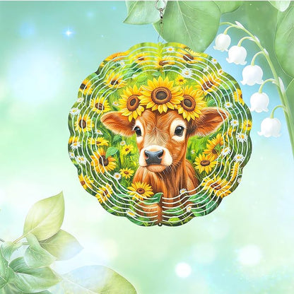 10x10 Inch Wind Spinner Outdoor Hanging Cute Calf Sunflower Daisy Meadow Metal Kinetic Spiral Ornament for Yard Garden Patio Porch Balcony Tree Window Decor Gift