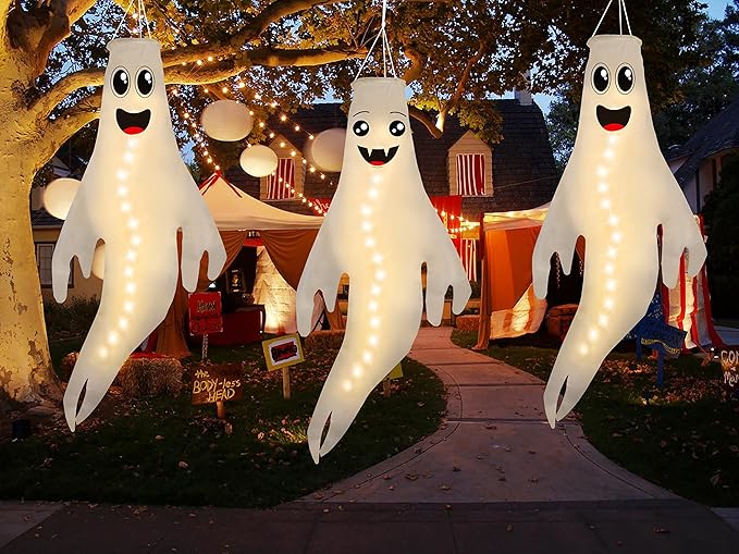 3PCS 43 Inch Halloween Lighted Hanging Ghost Windsocks Hanging Decorations for Tree, Fall LED Flag Wind Socks for Home Yard Outdoor Autumn Decor Party Supplies (Batteries Not Included,No Timer)