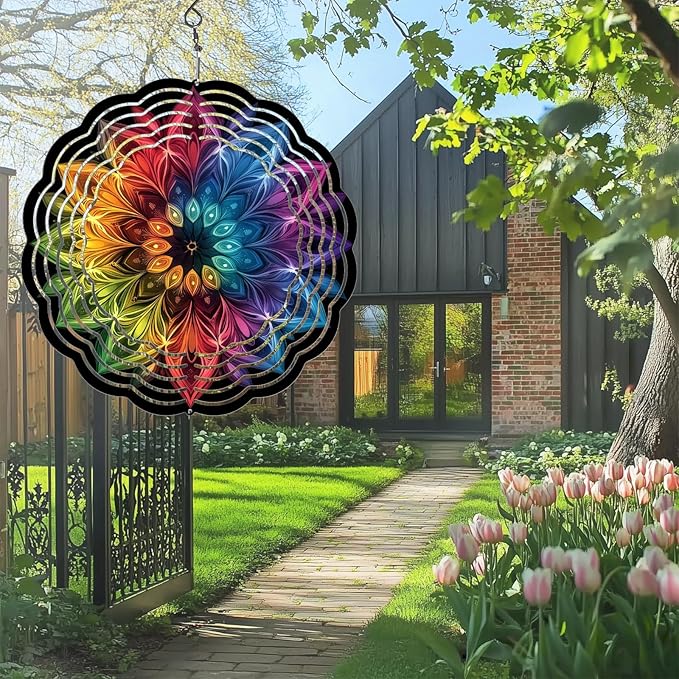 Wind Spinners Outdoor, Hanging Wind Spinner for Garden Decoration, 8 inch 3D Stainless Steel Metal Wind Sculpture for Indoor/Outdoor Decor, Mandala D