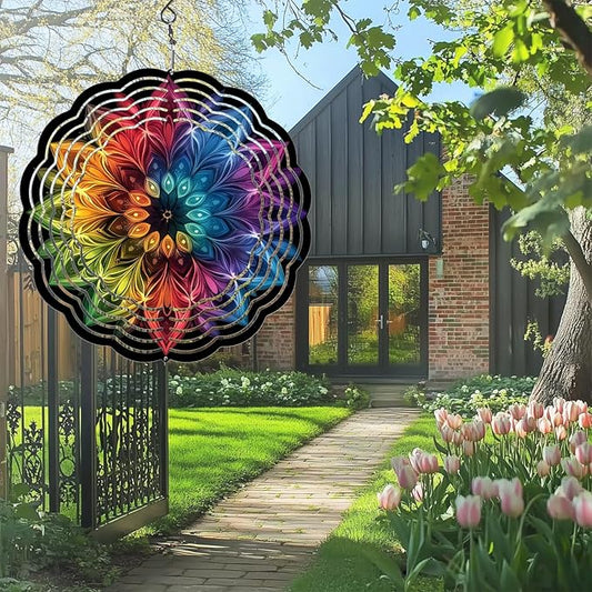 Wind Spinners Outdoor, Hanging Wind Spinner for Garden Decoration, 8 inch 3D Stainless Steel Metal Wind Sculpture for Indoor/Outdoor Decor, Mandala D