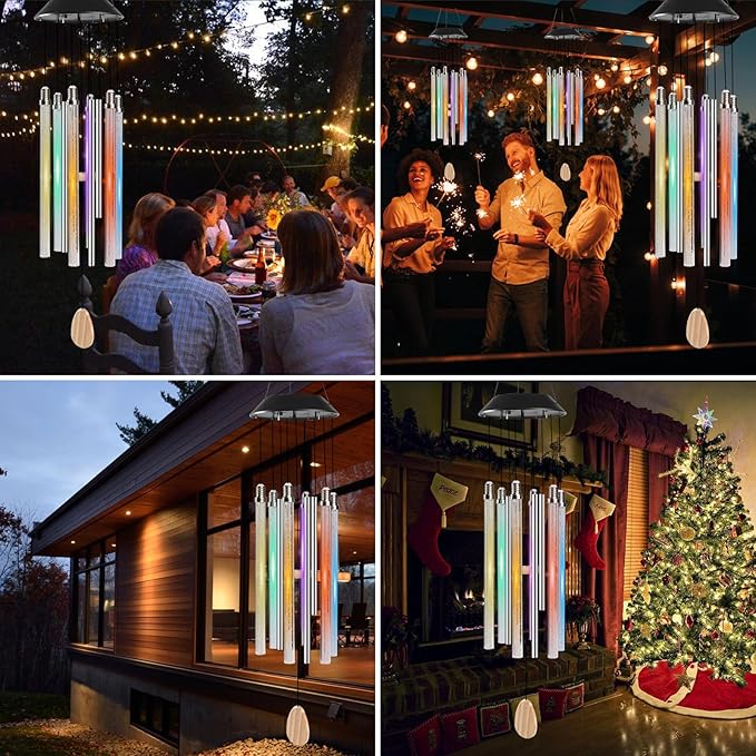 Bursvik Solar Wind Chimes for Outside, 6 LED Tube with 4 Aluminum Tube Automatic Color Changing Wind Chimes, Gifts for Mom, IPX65 Waterproof Hanging Solar Lights for Garden Patio Yard Porch