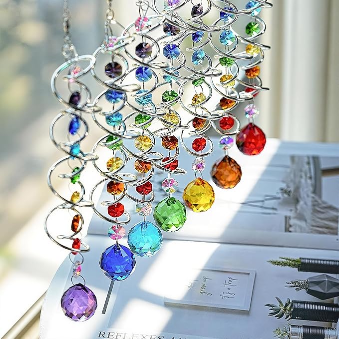 7 Chakra Crystal Sun Catcher Hanging Crystal Prisms Ornaments with 20mm Rainbow Beads for Window Garden Indoor Home Decor