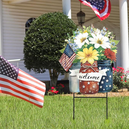 Amyhill 1 Pcs 4th of July Outdoor Decorations Patriotic Memorial Day Garden Stakes Mason Jars Welcome Yard Signs Decor Red White Blue Garden Stakes for Independence Patio Lawn Walkway Outside