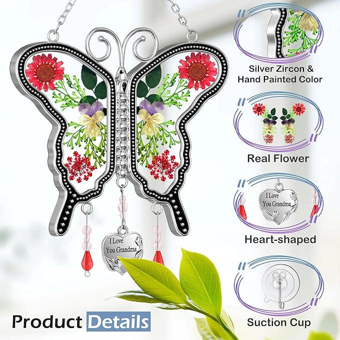 KY&BOSAM Suncatcher Butterfly Glass I Love You Grandma Suncatchers Ornament hangings for Windows Wind Chime with Pressed Flower Butterfly Embedded in Glass Mother`s Day Birthdays