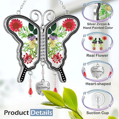 KY&BOSAM Suncatcher Butterfly Glass I Love You Grandma Suncatchers Ornament hangings for Windows Wind Chime with Pressed Flower Butterfly Embedded in Glass Mother`s Day Birthdays