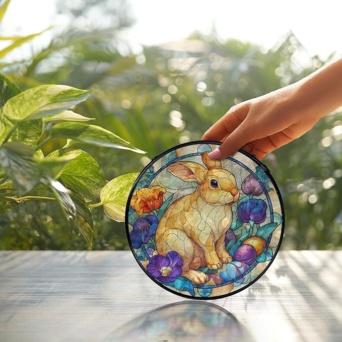Easter Bunny Suncatcher Stained Glass Window Hanging, Bunny Rabbit Flower Sun Catchers Indoor Window Glass Wall Art Decor, Easter Wall Hanging Decor Decorations, 7.9x7.9 Inch