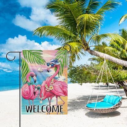 Dyrenson Welcome Summer Flamingo Decorative Garden Flag, Beach Coastal Tropical Palm Leaves Yard Outside Home Decoration, Hawaii Nautical Seasonal Burlap Outdoor Small Decor Double Sided 12 x 18