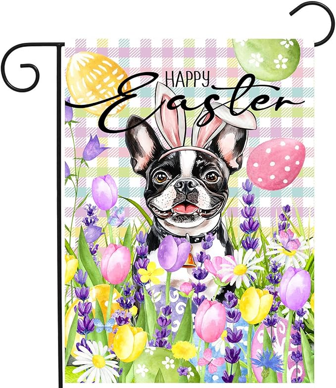 Happy Easter Dog Garden Flag Boston Terrier Spring Flags Buffalo Plaid Bunny Eggs Yard Flag for Outside 12x18 Double Sided Small Decorative Floral Outdoor Flag