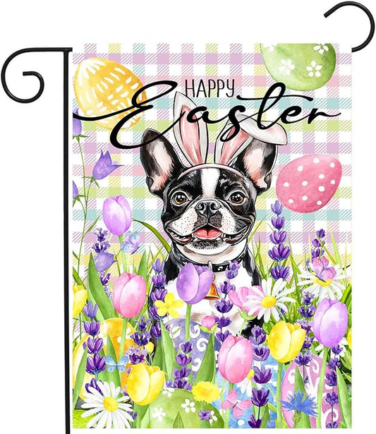 Happy Easter Dog Garden Flag Boston Terrier Spring Flags Buffalo Plaid Bunny Eggs Yard Flag for Outside 12x18 Double Sided Small Decorative Floral Outdoor Flag