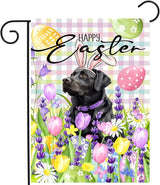 Happy Easter Labrador Dog Garden Flag Black Lab Spring Flags Buffalo Plaid Bunny Eggs Yard Flag for Outside 12x18 Double Sided Small Decorative Floral Outdoor Flag
