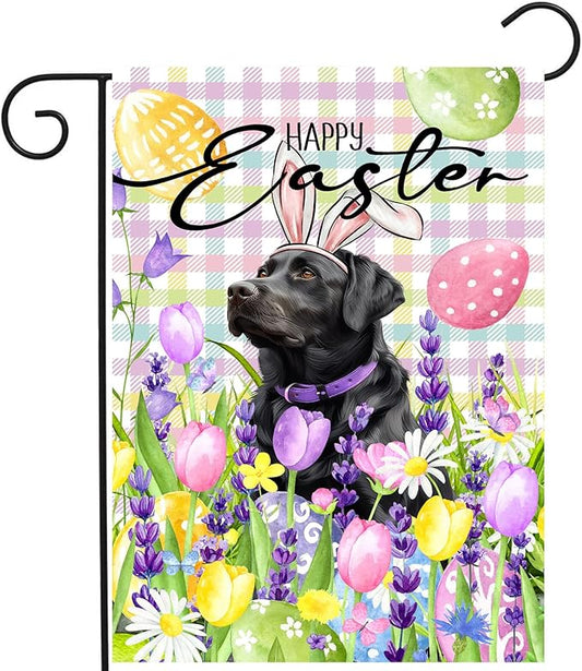 Happy Easter Labrador Dog Garden Flag Black Lab Spring Flags Buffalo Plaid Bunny Eggs Yard Flag for Outside 12x18 Double Sided Small Decorative Floral Outdoor Flag