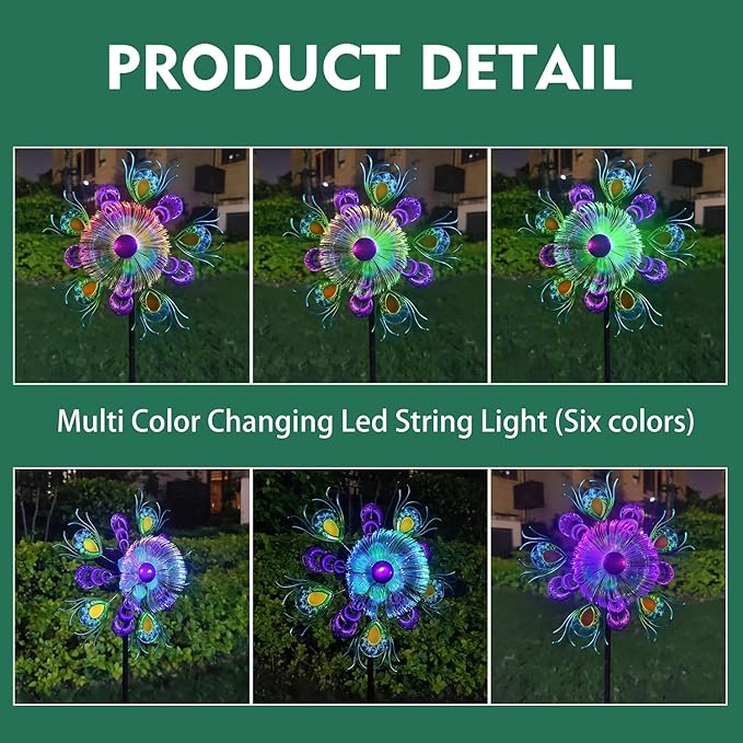 Solar Peacock Wind Spinners for Yard & Garden - 40 Inch Metal Wind Sculpture, Kinetic Windmill with Multi Color LED Lights, Lawn & Patio Art Decor