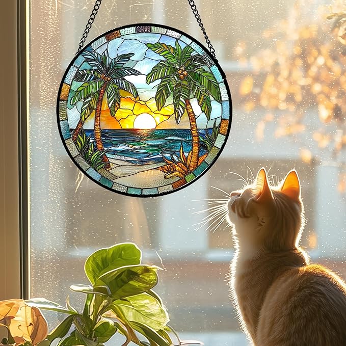 Stained Glass Window Hanging Sea Beach Coconut Trees Sunrise Large 15" - Suncatcher Door Garden Sunroom Sun Catcher Home Decor Birthday Christmas for Mom Men Woman Nana
