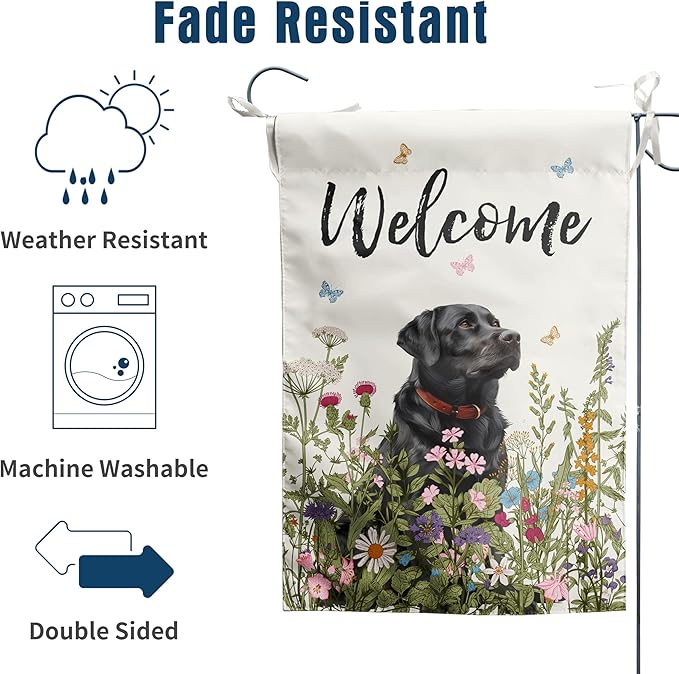 Floral Black Lab Garden Flag Spring Summer House Flags 28x40 Double Sided Flower Labrador Dog Yard Flags for Outside Lawn Large Outdoor Welcome Flags