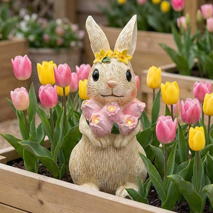 Solar Garden Statues Outdoor Decor,Rabbit Statue with Flowers and 5 LED Lights,Yard Decorations for Patio, Balcony, Backyard, Lawn Ornaments,Unique Birthday House Warming Gifts for Women, Mom, Grandma
