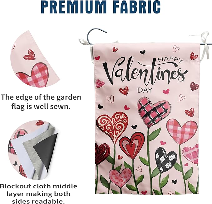 Happy Valentines Day Garden Flag Love Heart Floral Banner 12x18 Inch Double Sided for Outside Spring Holiday Anniversary Yard Decorative