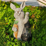 Garden Statues Rabbit Solar Lantern Outdoor Handmade Resin Statue Bunny with Cute Carrot for Patio, Yard, Mother's Day Gift Ideas