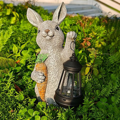 Garden Statues Rabbit Solar Lantern Outdoor Handmade Resin Statue Bunny with Cute Carrot for Patio, Yard, Mother's Day Gift Ideas