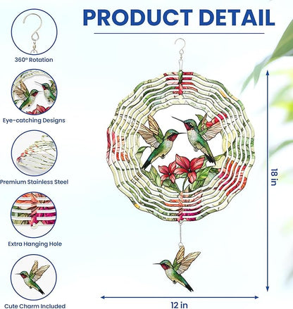 FLAGWIX Hummingbird Gifts for Women - 3D Stainless Steel Metal Wind Spinners 12in - Hummingbird Wind Spinner Yard Decorations Outdoor Indoor Hanging Garden Decor, Mothers Day Birthday Gift For Grandma