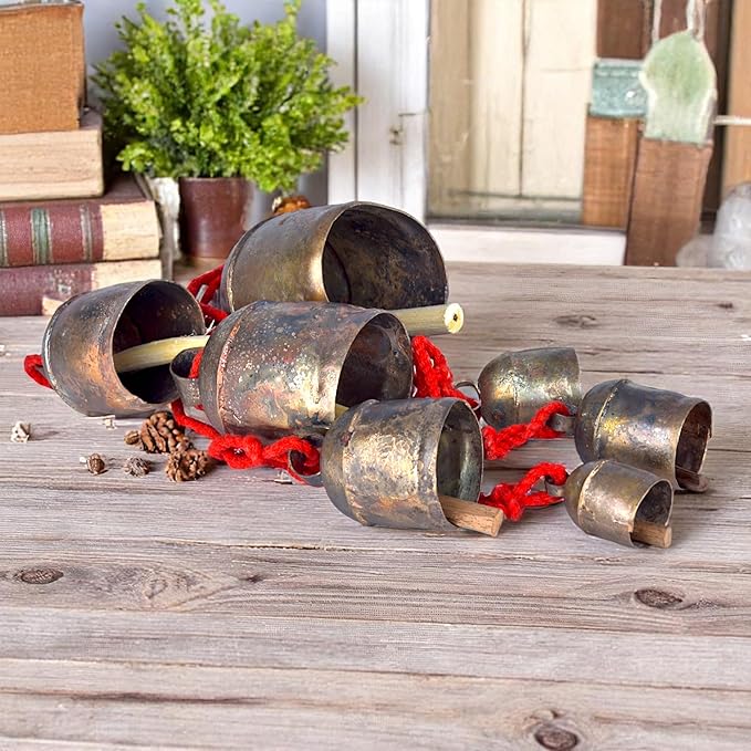 Handmade Rustic Bells Wind Chimes for Outside 7 Hanging Bells on Rope, Brass-Coated Iron Bells for Door, Outdoor Patio, Farmhouse Decor, Christmas Ornaments, Boho Hanging Bell, Vintage Wind Bell 55"