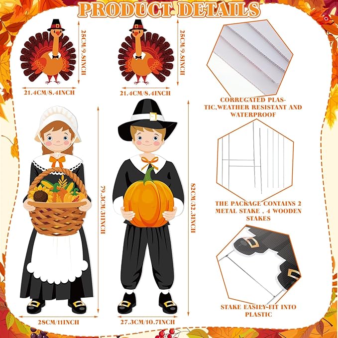 Geetery 4 Pieces Thanksgiving Outdoor Decorations Fall Yard Stake Scarecrow Pilgrim Pumpkins Porch Sign with Stake Autumn Harvest Garden Decor for Outside Lawn Decoration 32.28 x 10.47 Inch(Pilgrim)