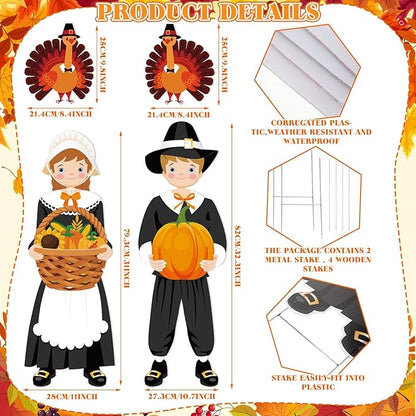 Geetery 4 Pieces Thanksgiving Outdoor Decorations Fall Yard Stake Scarecrow Pilgrim Pumpkins Porch Sign with Stake Autumn Harvest Garden Decor for Outside Lawn Decoration 32.28 x 10.47 Inch(Pilgrim)