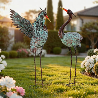 36.8" Extra-Large Blue Heron Decor, Handcrafted Metal Crane Statue with Stable U-Ground Stakes, Backyard Decoration, Metal Garden Bird Animal Yard Art, Lawn Ornament Decor