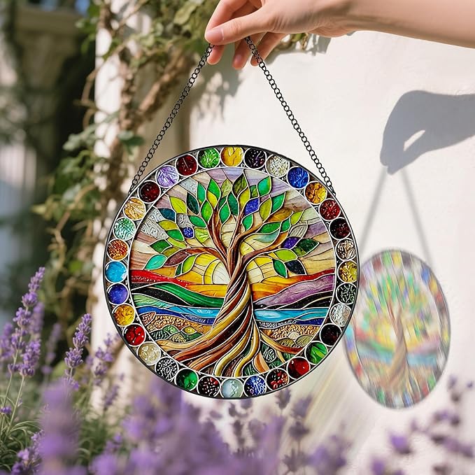 8-Inch Colorful Tree of Life Stained Glass Suncatcher & Ornament – Stained Glass Window Hanging & Decor, Sun Catchers for Windows Indoor, Gifts for Women, Gifts for Christmas, Housewarming Gift