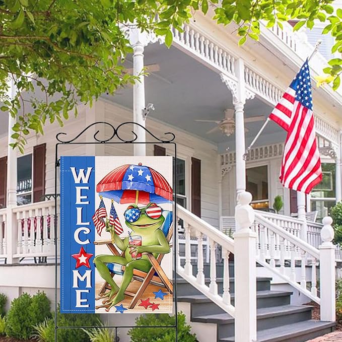 Artofy Welcome 4th of July Frog Large Decorative House Flag, Patriotic Beach Chair Sunshade America Yard Garden Outside Decor, Coastal American USA Burlap Outdoor Home Decoration Double Sided 28 x 40