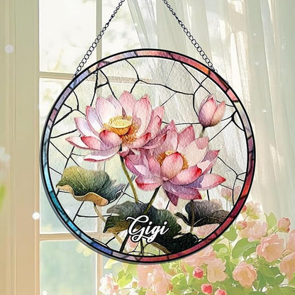 NAZENTI Personalized Grandma Flower Garden Gifts for Mother's Day, Personalized Stained Glass Window Hanging Suncatcher with Kids Name, Birth Flower Memorial Gift