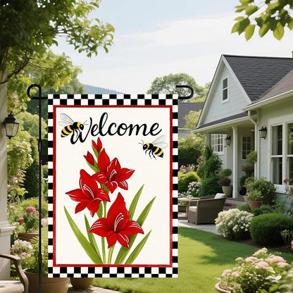 IVN Welcome Garden Flag 12x18 Inch Double Sided Spring Summer Garden Yard Flags Red Amaryllis Flowers Bees Decorative Small Flags for Outdoor Seasonal Front Door Lawn Porch Patio Decor Yard Flag