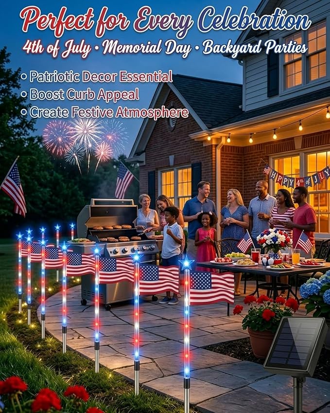 8 Piece Solar American Flag Pathway Lights, 8 Modes Waterproof Patriotic Stake Lights Outdoor for 250th Anniversary, Red White Blue LED Decorative Lighting for 4th of July Garden Yard Decor(8PCS)