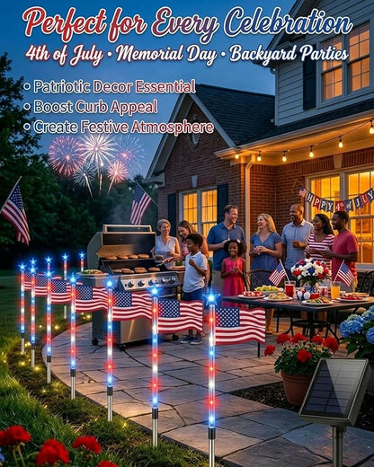 8 Piece Solar American Flag Pathway Lights, 8 Modes Waterproof Patriotic Stake Lights Outdoor for 250th Anniversary, Red White Blue LED Decorative Lighting for 4th of July Garden Yard Decor(16PCS)