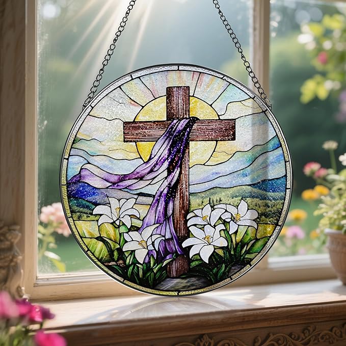 8 Inches Stained Glass Cross Suncatcher, Stained Glass Window Hanging Decor, Religious Cross Ornament, Christian Home Decor, Christian Gift, Religious Gift, Gifts for Christmas