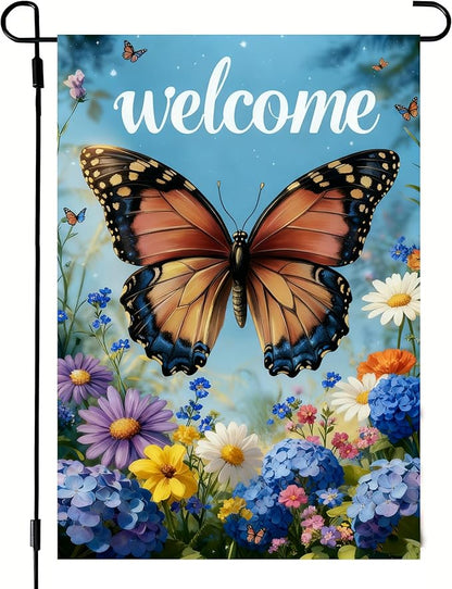 Welcome Spring Summer Garden Flag 12x18 Double Sided, Burlap Seasonal Farmhouse Rustic Butterfly Hydrangea Floral Garden Flags Spring Outdoor Decor, Small Decorative Yard Lawn Porch Flags for Outside