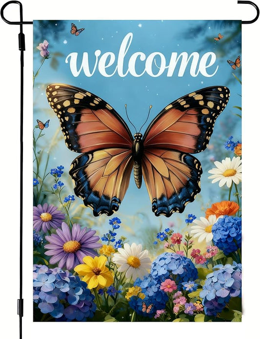 Welcome Spring Summer Garden Flag 12x18 Double Sided, Burlap Seasonal Farmhouse Rustic Butterfly Hydrangea Floral Garden Flags Spring Outdoor Decor, Small Decorative Yard Lawn Porch Flags for Outside